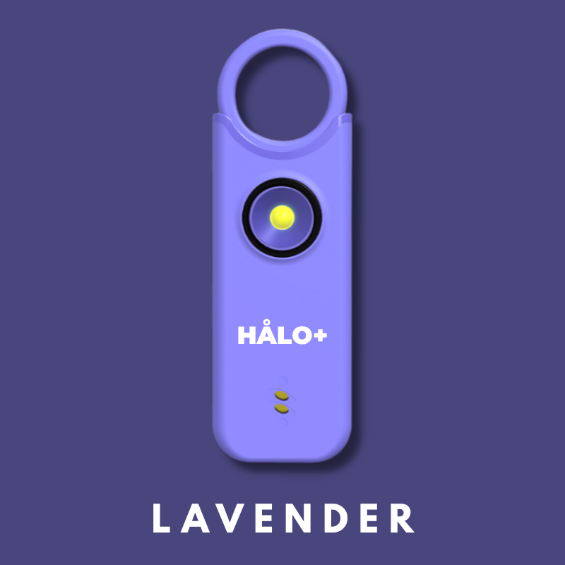 Lavender colored Personal Safety Alarm NZ  on a purple background, featuring the brand 'HÅlo+'.